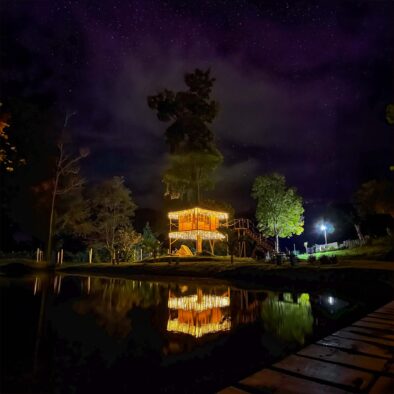 Casita en el arbol reflejada en el lago